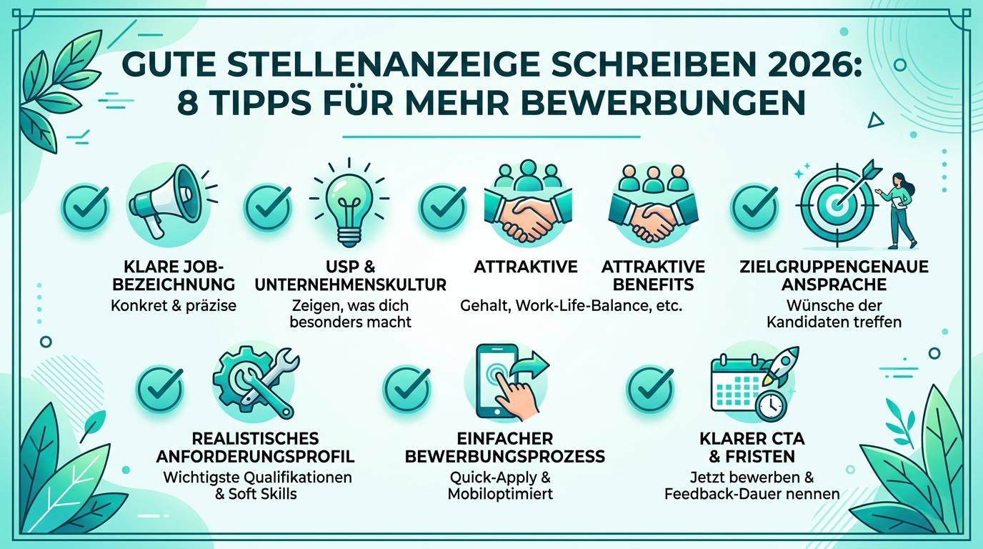 Gute Stellenanzeige schreiben 2026: 8 Tipps für mehr Bewerbungen Infografik: gute stellenanzeige