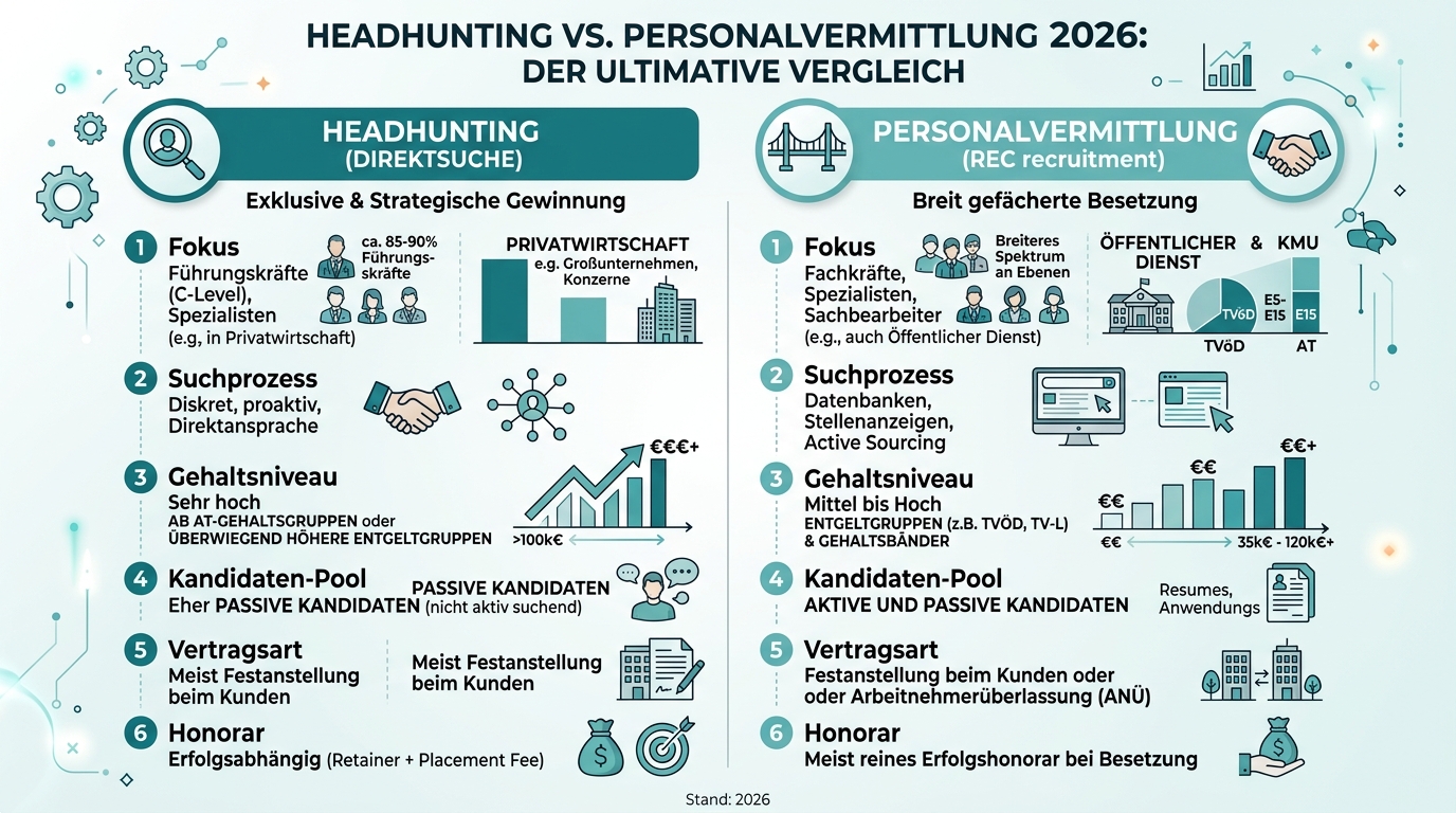 Headhunting vs Personalvermittlung 2026: Der ultimative Vergleich Infografik: headhunting vs personalvermittlung