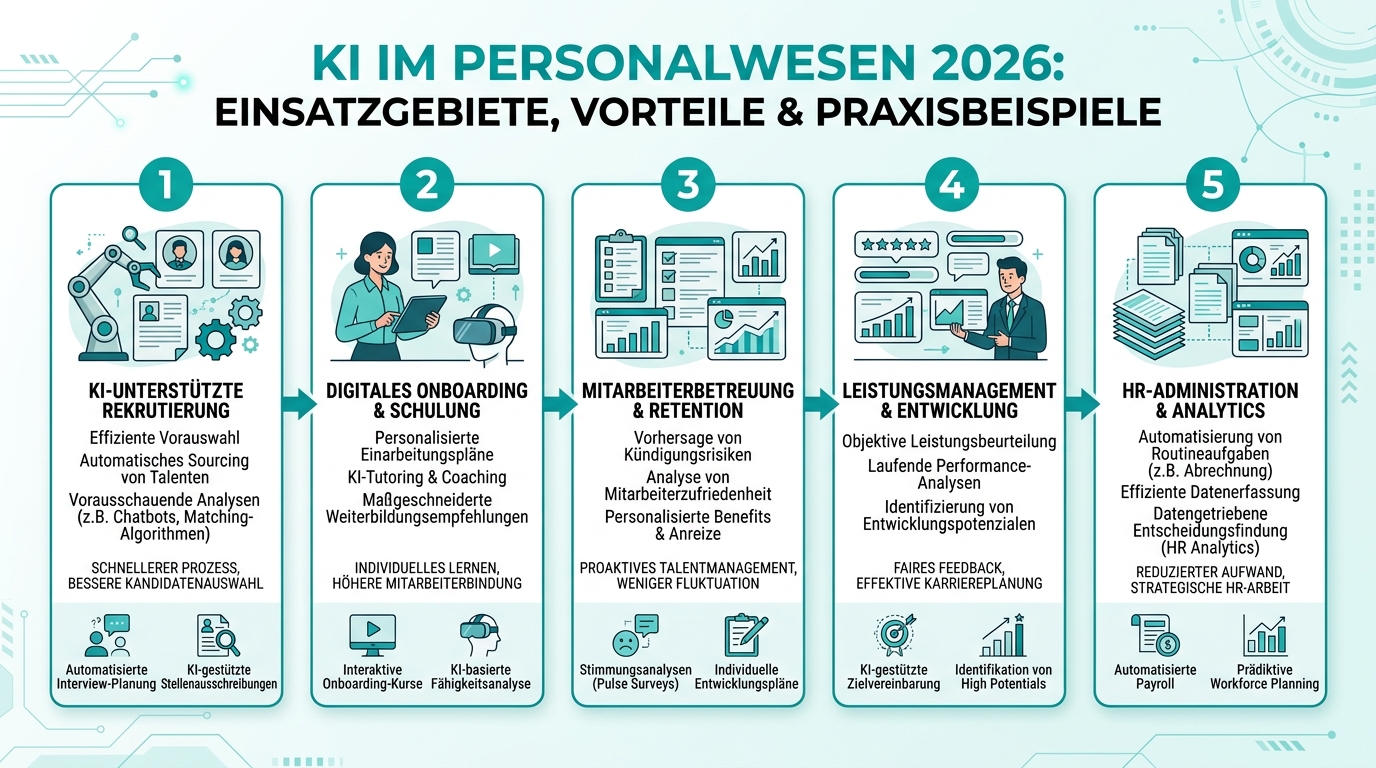 KI im Personalwesen 2026: Einsatzgebiete, Vorteile & Praxisbeispiele Infografik: ki im personalwesen