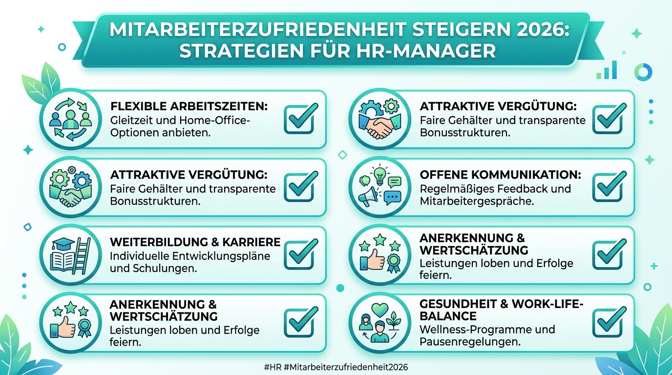 Mitarbeiterzufriedenheit steigern 2026: Strategien für HR-Manager Infografik: mitarbeiterzufriedenheit