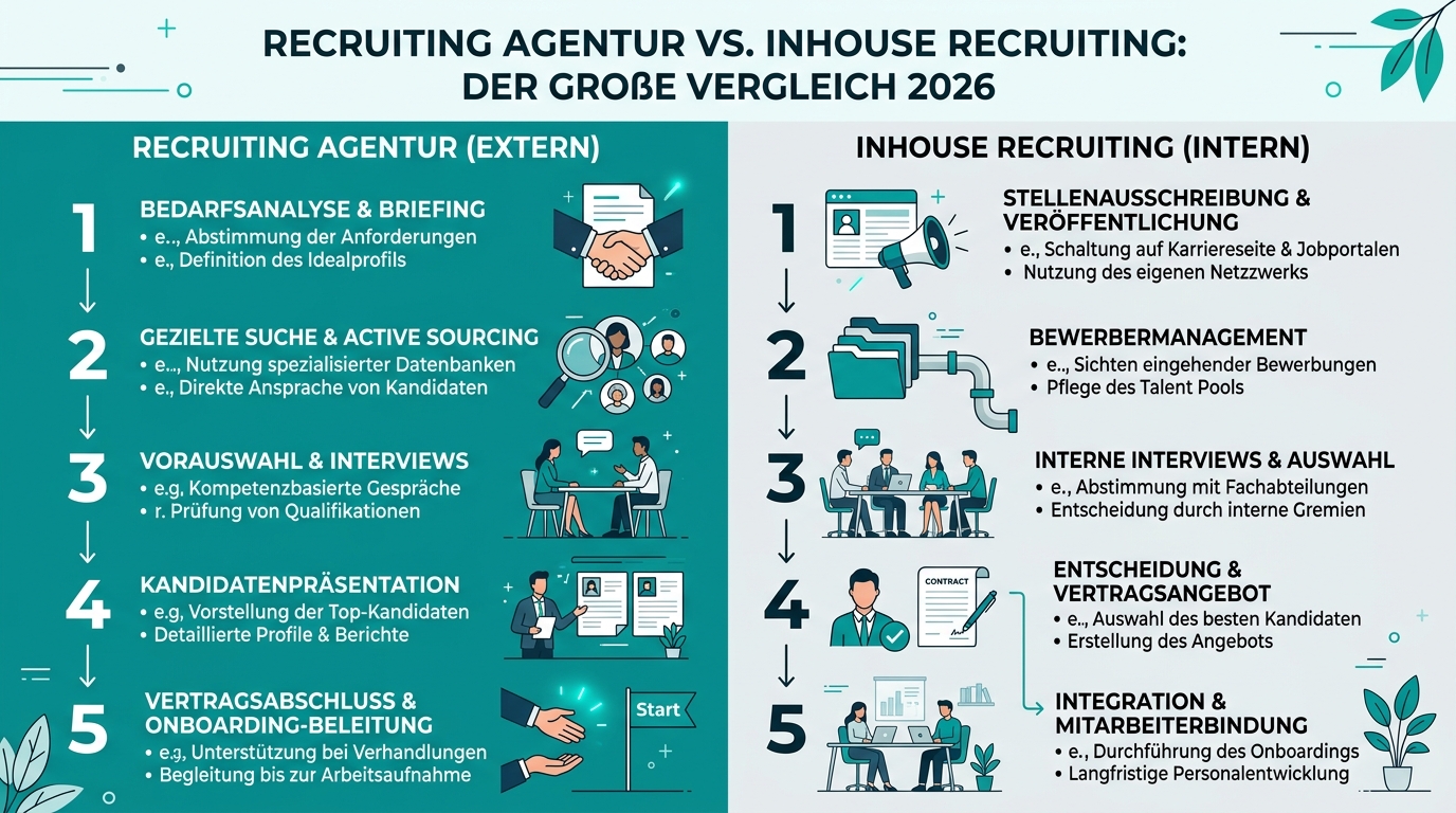 Recruiting Agentur vs. Inhouse Recruiting: Der große Vergleich 2026 Infografik: recruiting agentur vs inhouse recruiting